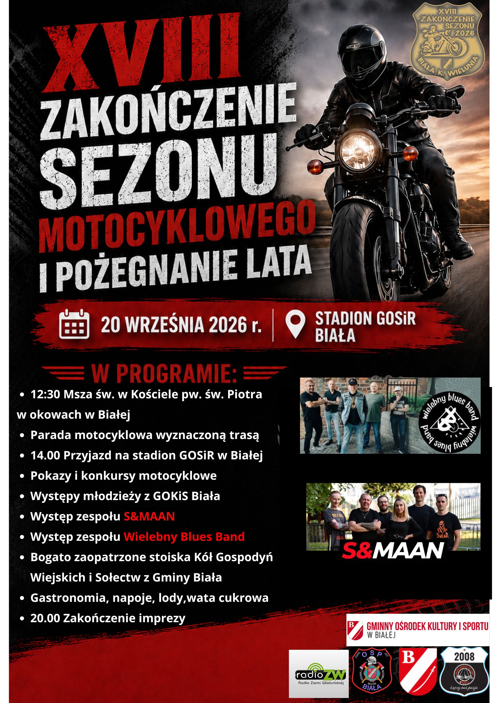 Parada_motocyklowa_wyznaczoną_trasą_Przejazd_na_stadion_GOSiR_w_Białej,_otwarcie_imprezy_Pokazy_i_konkursy_motocyklowe_Występy_młodzieży_z_GOKiS_Biała_Występ_Sandry_Stochmiałek_Występ_zespołu_THE_